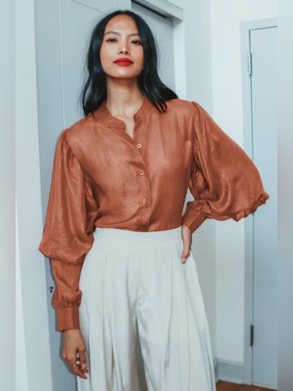 Lulu’s Brown Puff Sleeve Button-Up Top / Medium